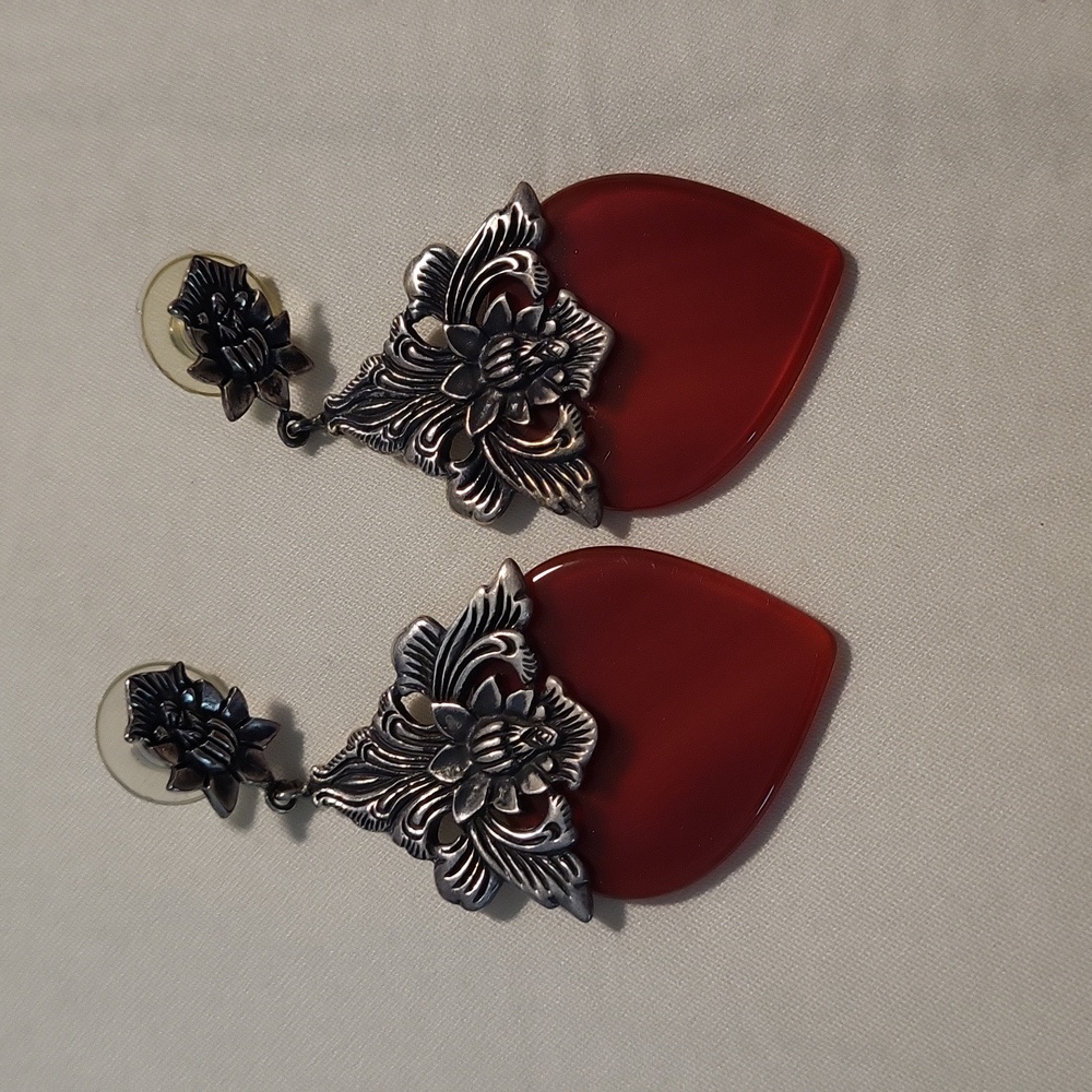 Red stone and silver pierced earrings